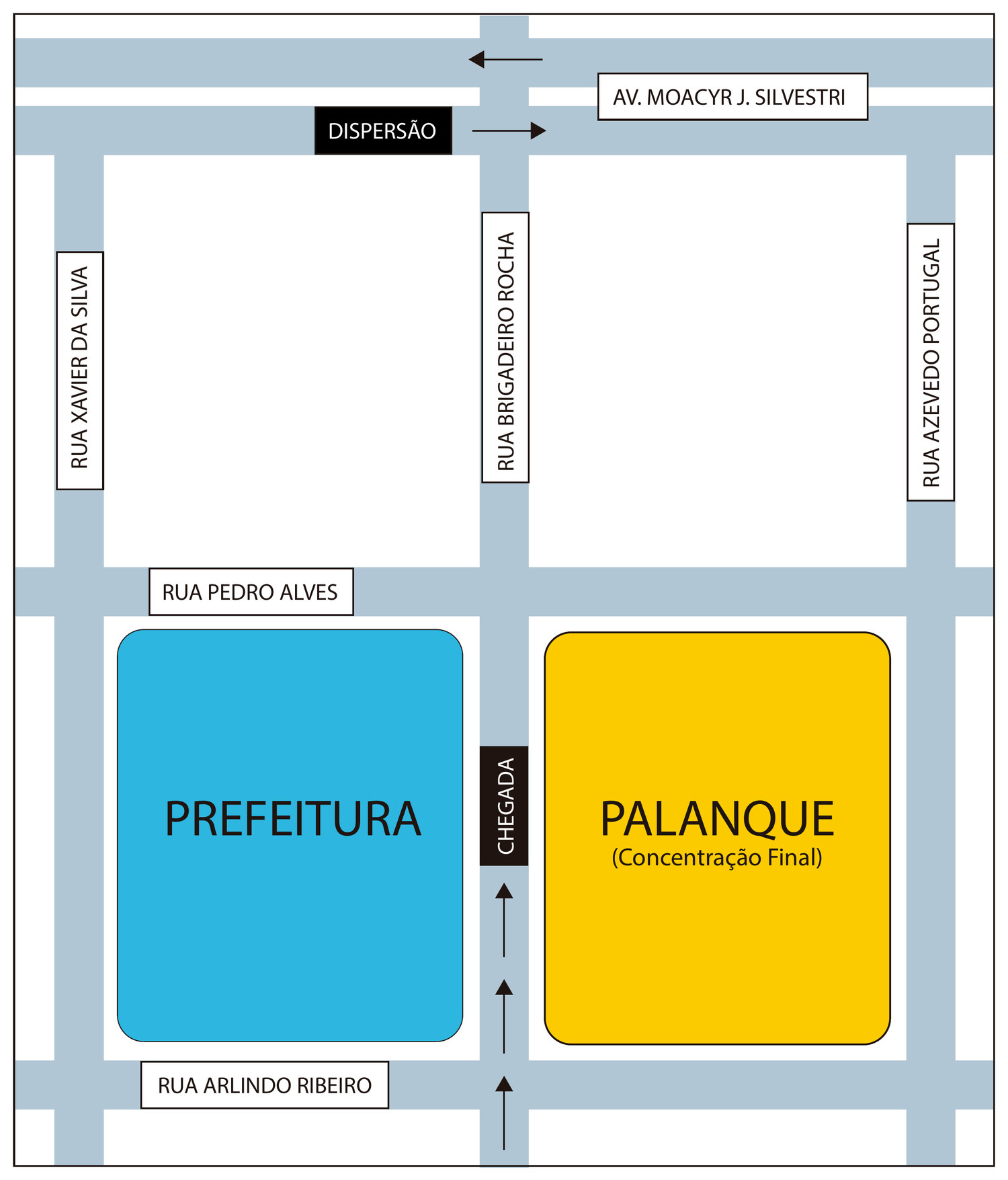 Esquema da chegada do desfile na Rua Brigadeiro Rocha, entre a Prefeitura e o palanque de concentração final, com a dispersão saindo pela Avenida Moacir Julio Silvestri.