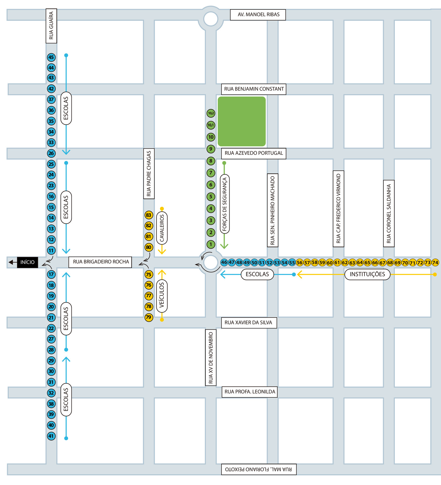 Mapa do centro de Guarapuava com a numeração de 1 a 83, mais as posições 10,1 e 10,2, marcando onde cada instituição se concentra. Em verde, as forças de segurança na Rua XV de Novembro. Em azul, as escolas na Rua Guaíra e no início da Rua Brigadeiro Rocha. Em amarelo, as demais instituições na Brigadeiro Rocha e os grupos com veículos e cavaleiros na Rua Padre Chagas. O início do desfile fica no cruzamento da Brigadeiro Rocha com a Guaíra.