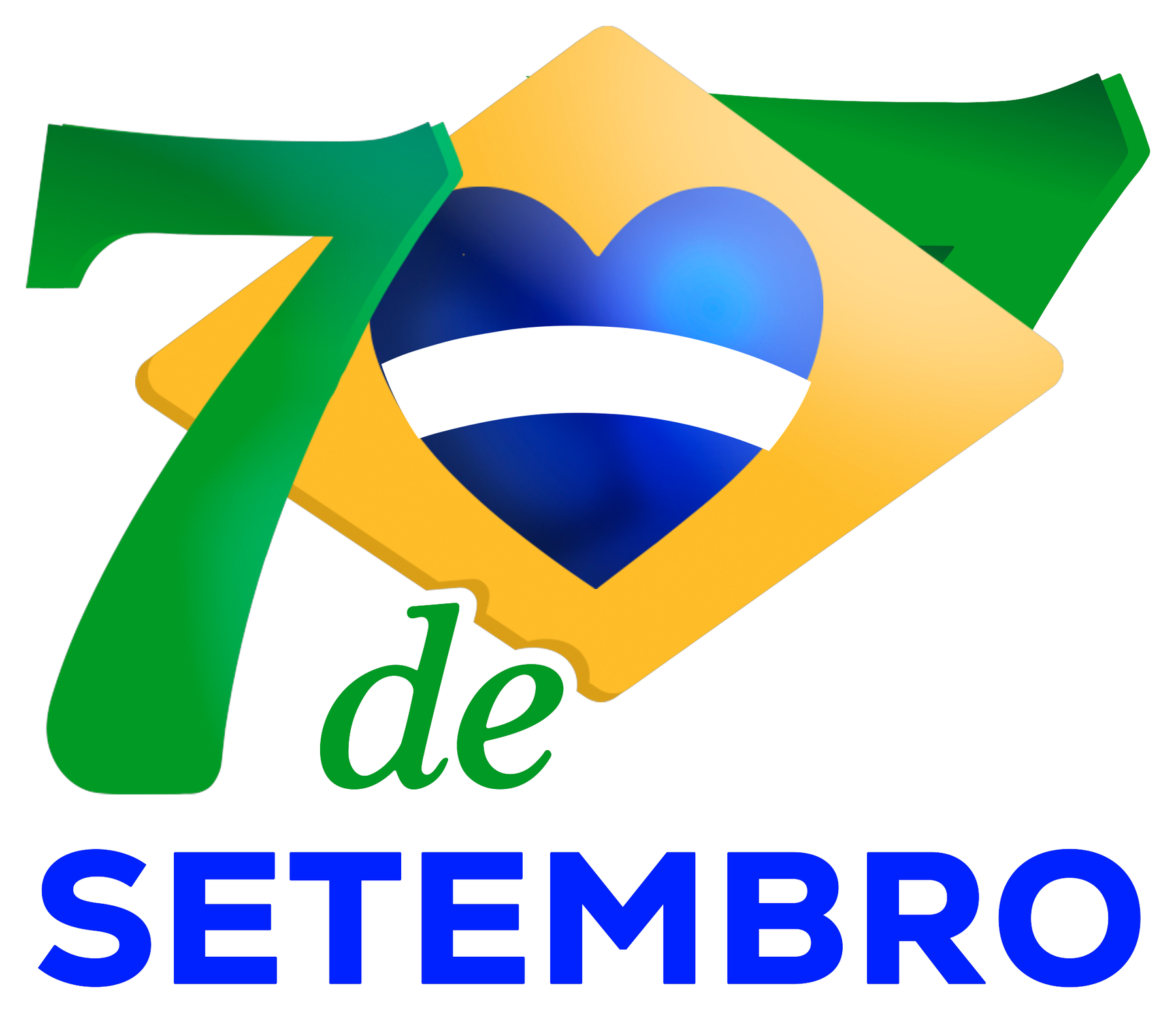 Marca do 7 de Setembro: o número 7 em verde sobre losango amarelo com um coração azul ao centro