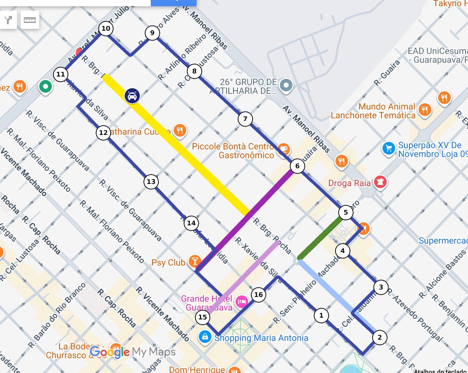 Mapa do centro de Guarapuava com o traçado do percurso do desfile na Rua Brigadeiro Rocha e as rotas alternativas de desvio numeradas de 1 a 16.